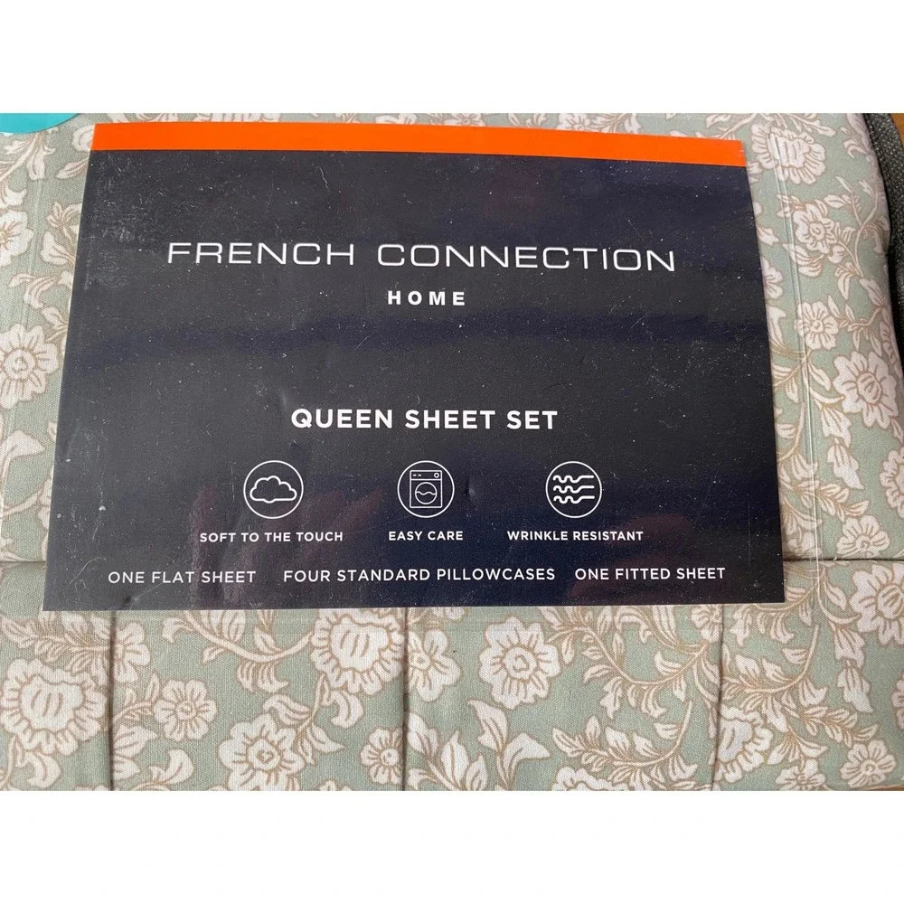 Brand New French Connection Home Queen‎ Sheet Set Floral Sage Green 6 Piece